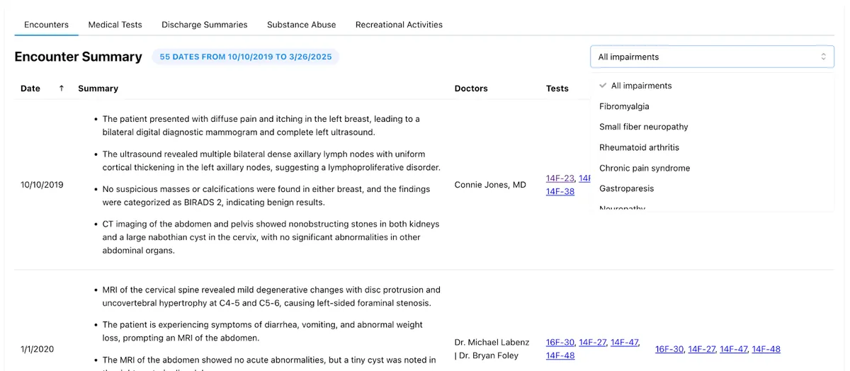 medical chronologies for disability law firm software
