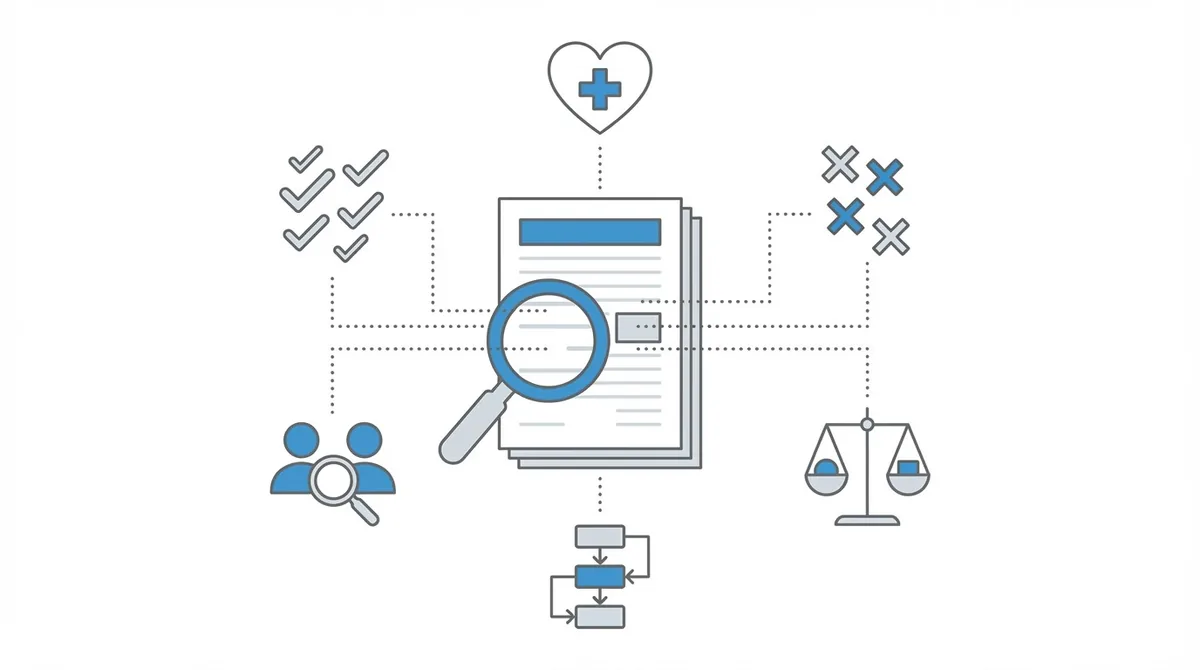 Document analysis illustration with medical, witness, procedural, and evidence comparison icons