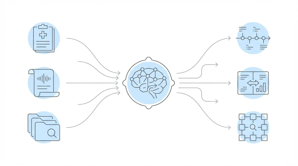 Technology flow diagram: multiple inputs converging through central processor to organized outputs