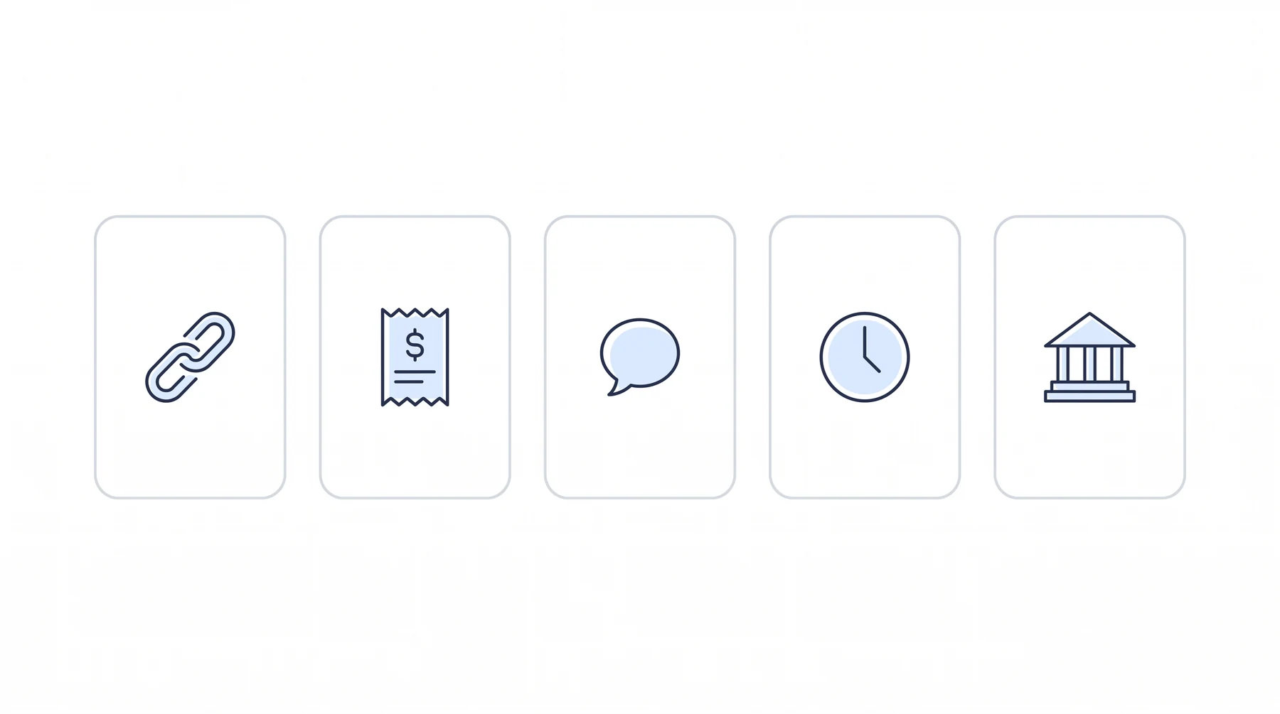 Five cards in a row holding a chain link, a receipt with a dollar sign, a speech bubble, a clock and a building with columns
