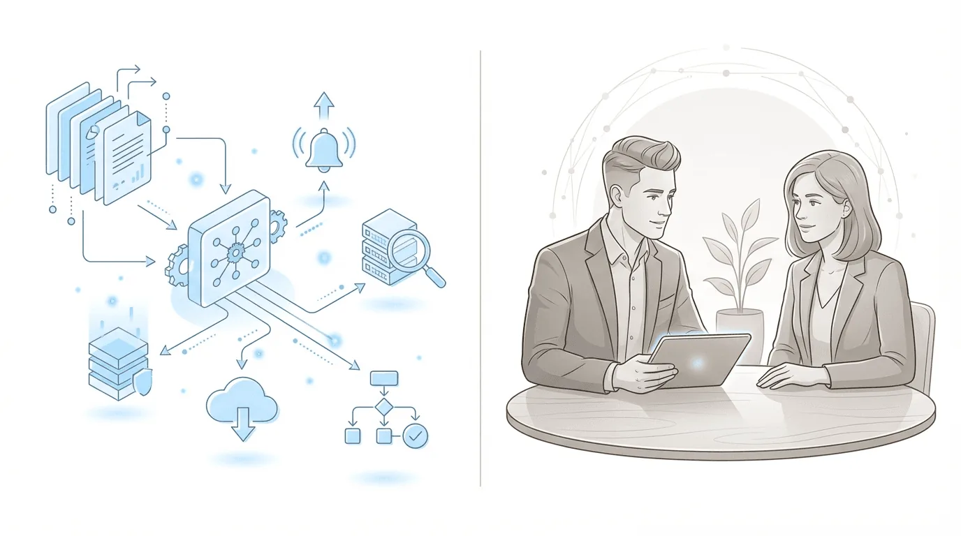 Split composition showing AI workflow automation on left and human attorney-client meeting on right