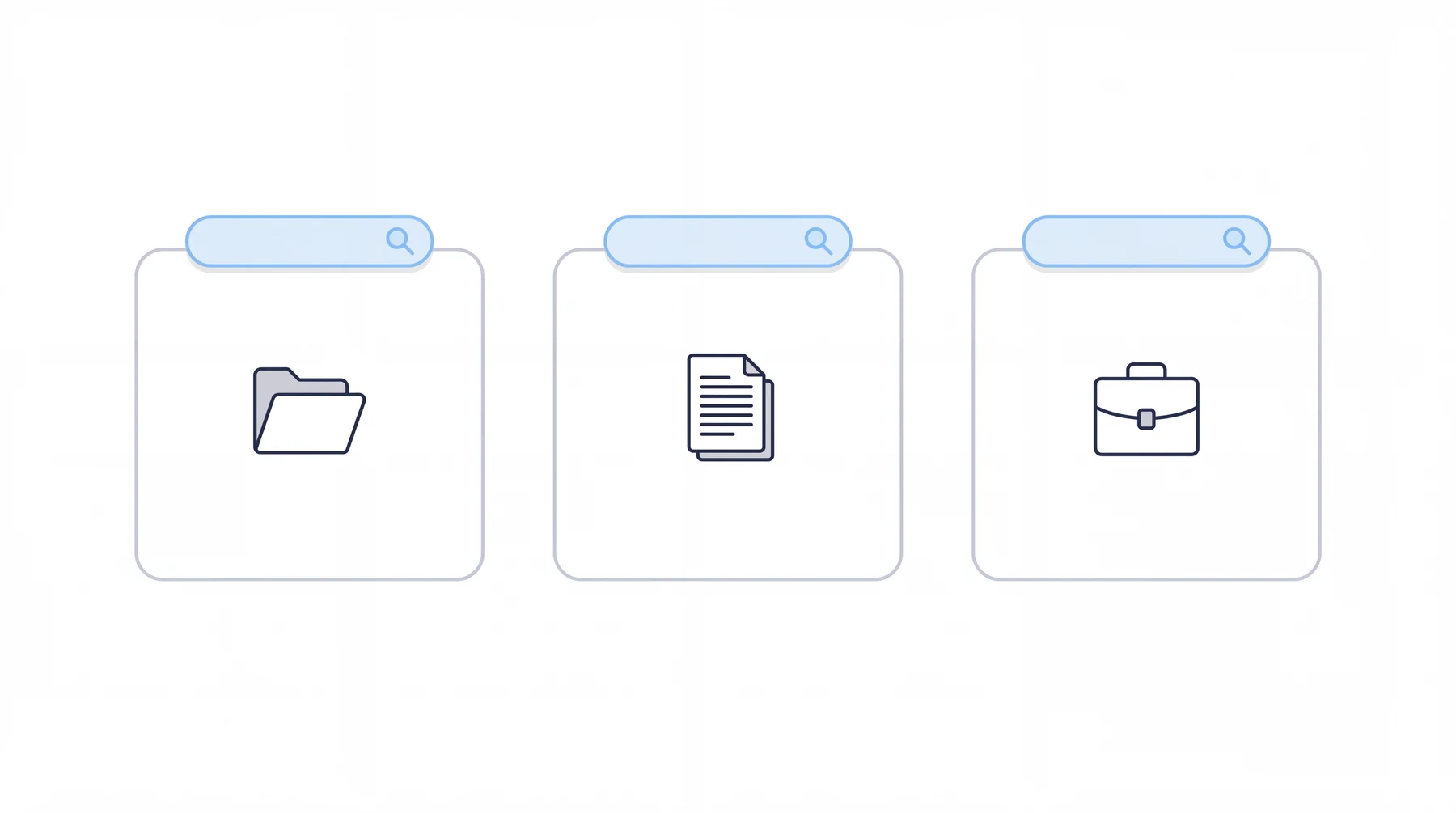 One monitoring layer added to three different case management systems, each shown as a card with the same search strip on top