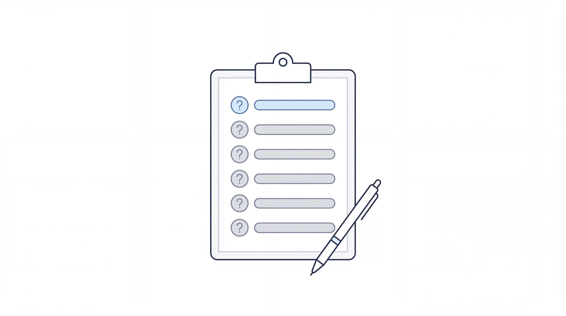 A clipboard with a list of question-mark rows and a pen, representing questions to ask a vendor before signing