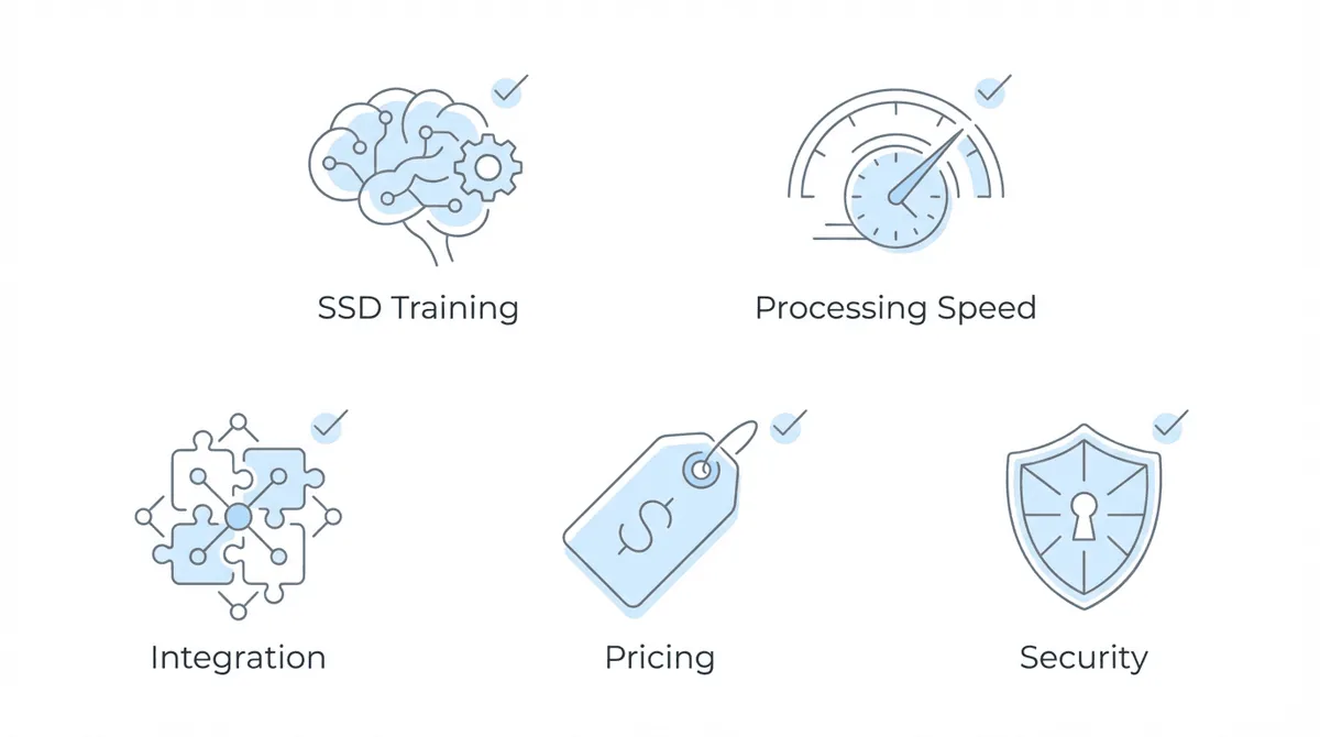 Evaluation criteria for AI medical record software: SSD Training, Processing Speed, Integration, Pricing, Security