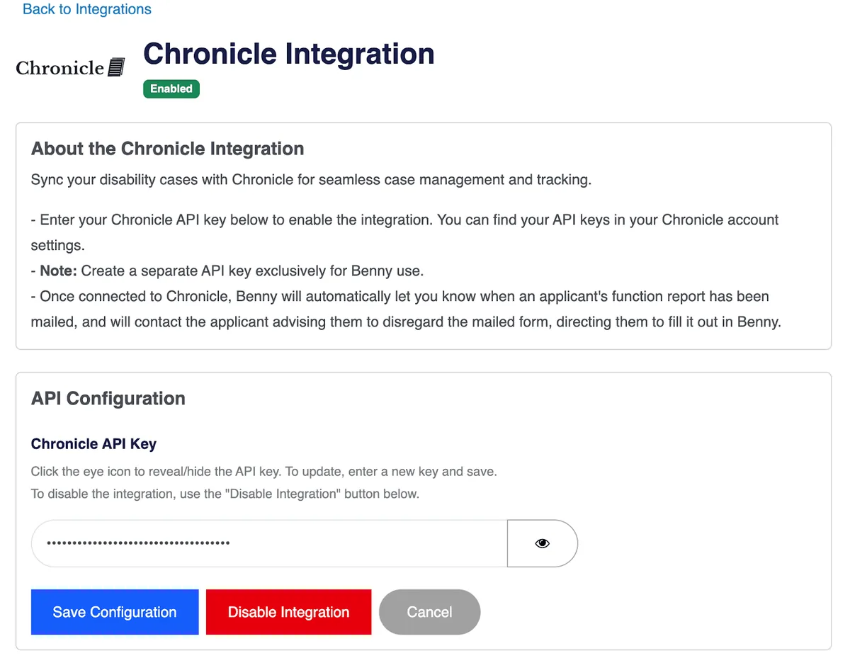 saving chronicle API key in Benny