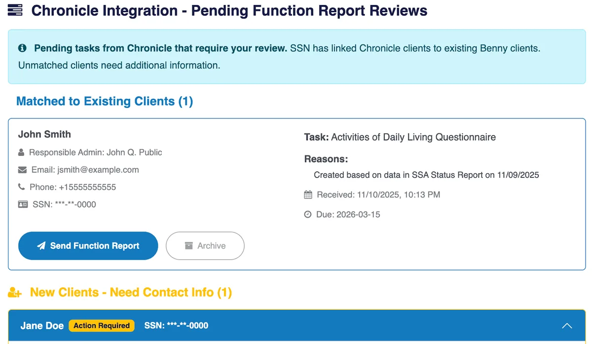chronicle integration pending function report