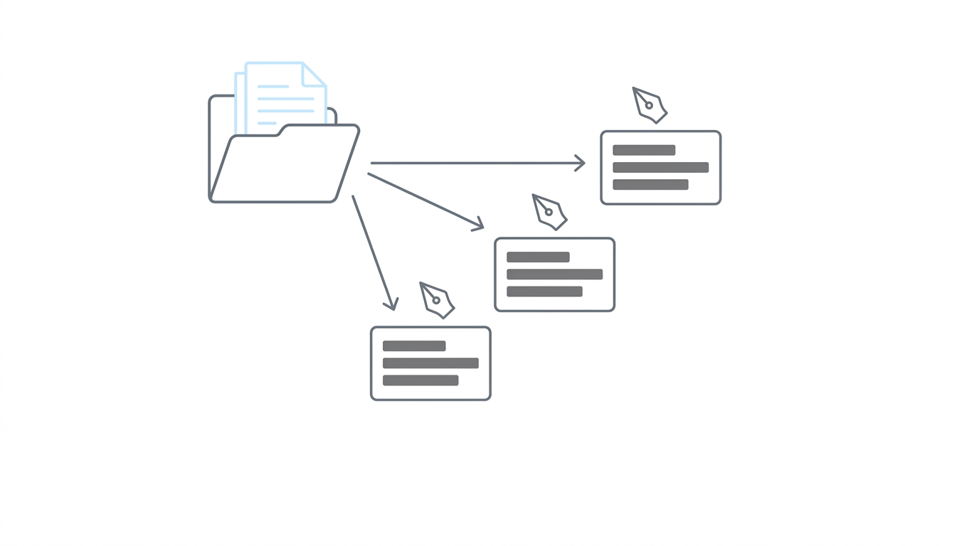 Manual transcription tax: one source folder fanned out into multiple destination cards by hand