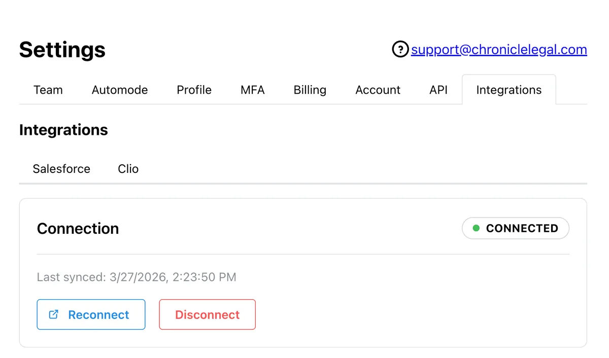 Chronicle Settings: Clio connection