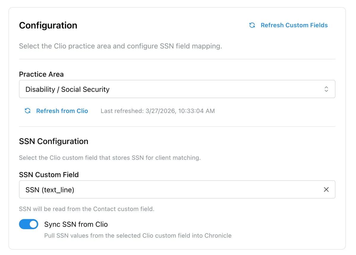 Clio configuration: practice area and SSN mapping