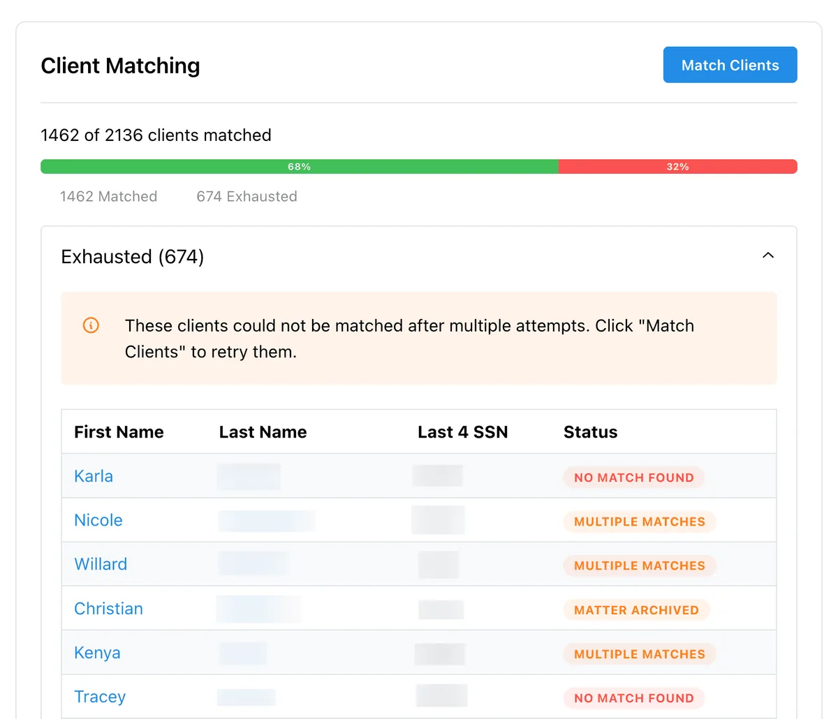 Client matching: matched and exhausted clients