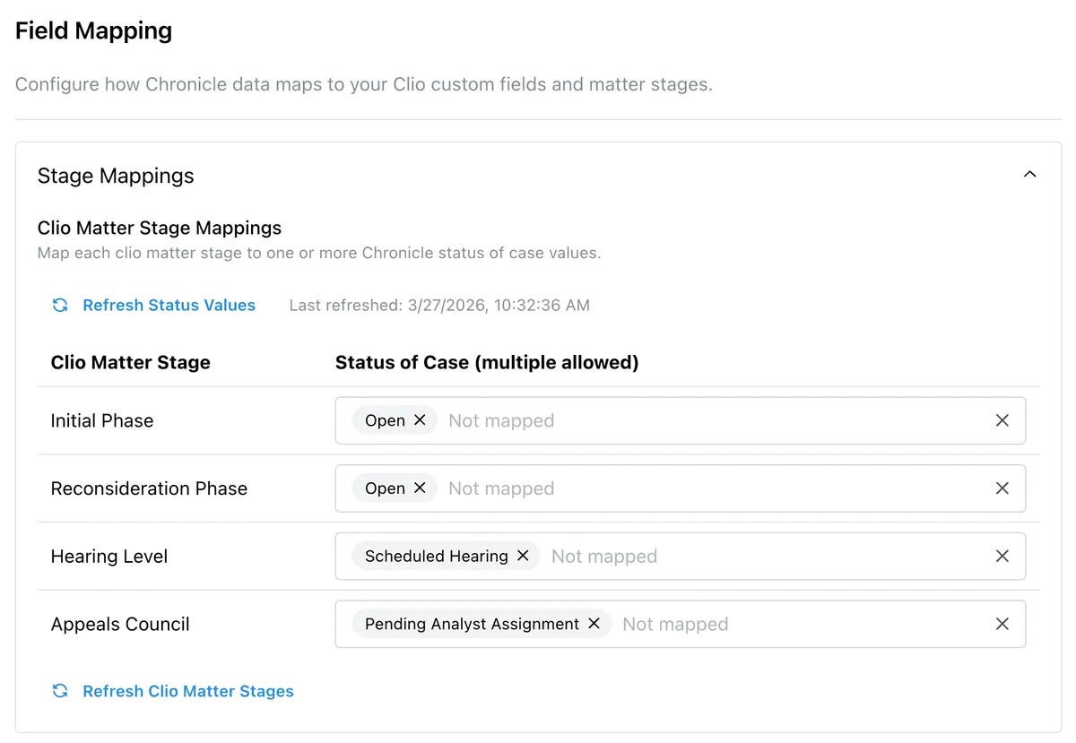 Clio matter stage mappings
