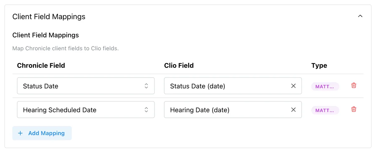 Client field mappings from Chronicle to Clio