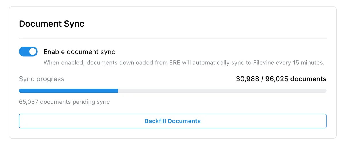 Document sync: enable auto-sync and backfill ERE documents to Clio