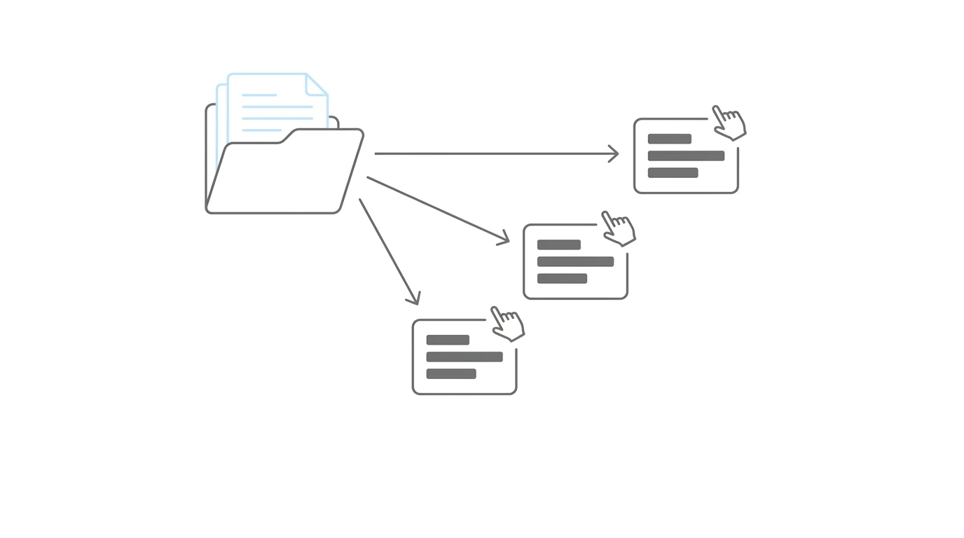 Manual transcription tax: one source folder fanned out into multiple destination cards by hand