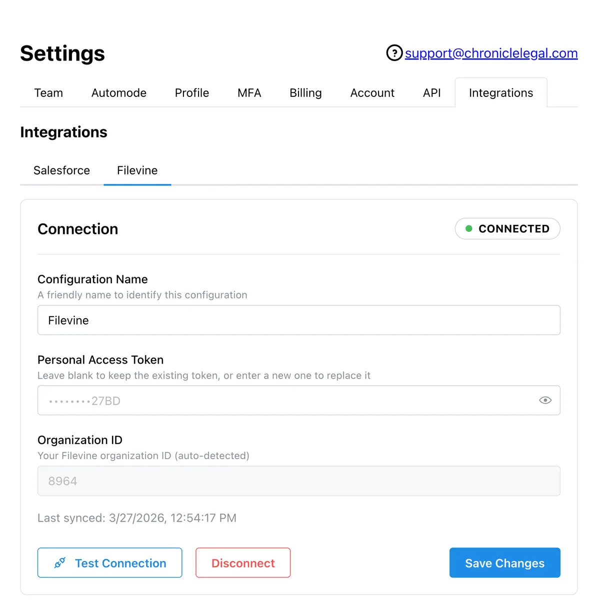 Chronicle Settings: Filevine connection