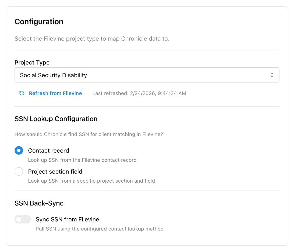 Filevine configuration: project type and SSN lookup