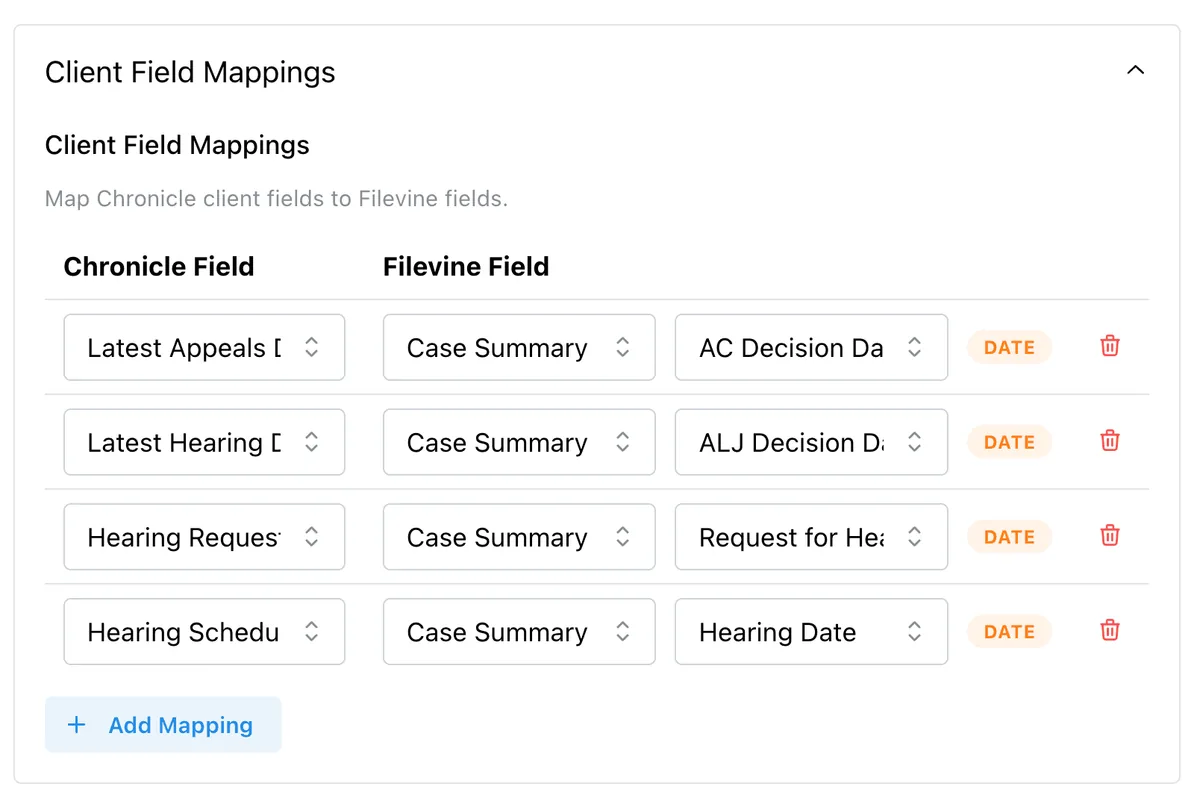 Client field mappings from Chronicle to Filevine