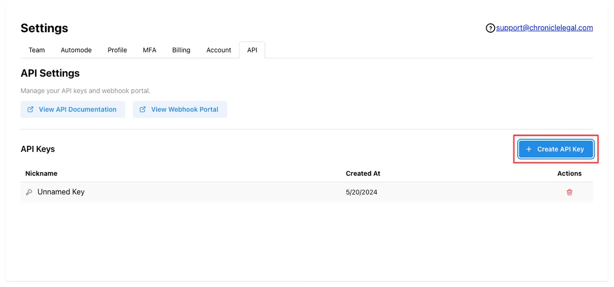 Chronicle API settings page
