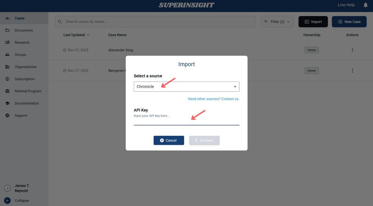 Superinsight import dialog with Chronicle source selection