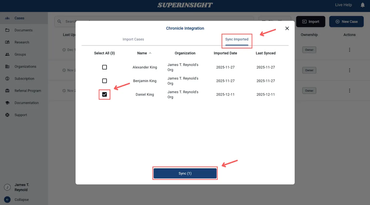 Case selection for import