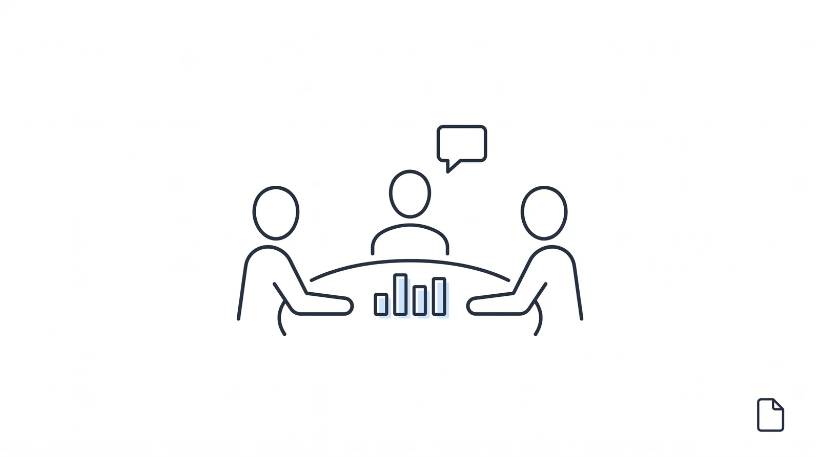 Three practitioners at a table with a small bar chart between them: a peer conversation about the numbers a disability firm tracks