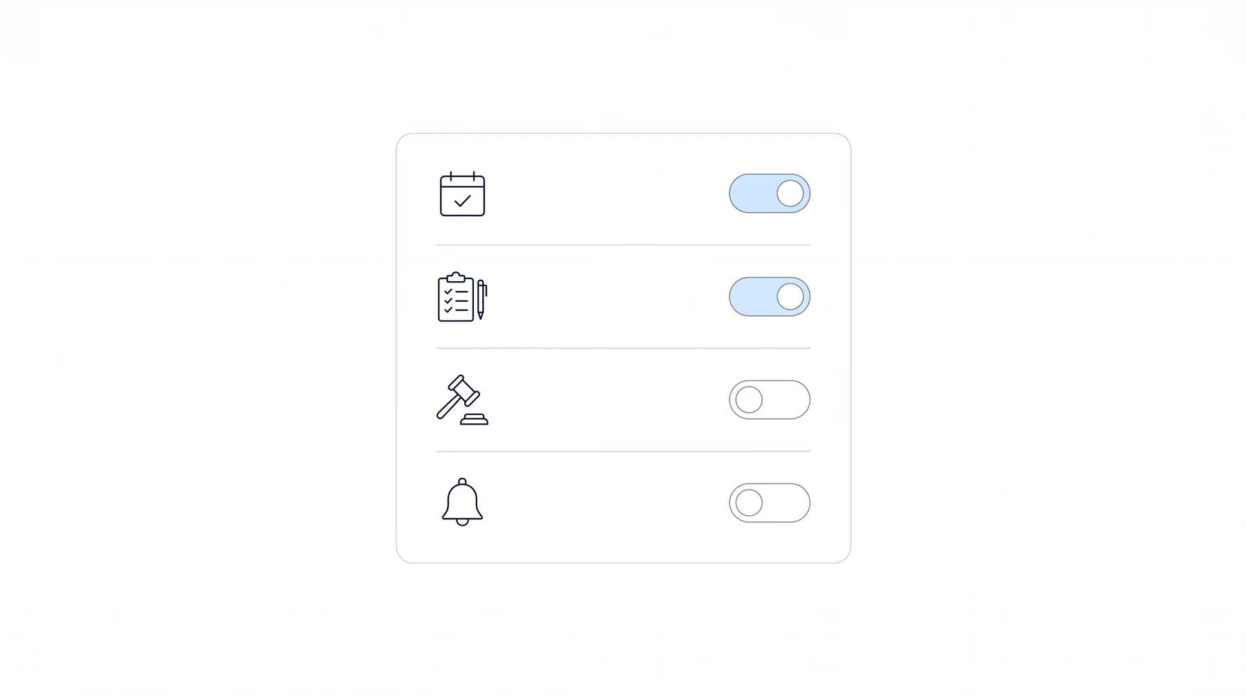 A settings card with four message types, two toggled on in blue and two deliberately left off in grey
