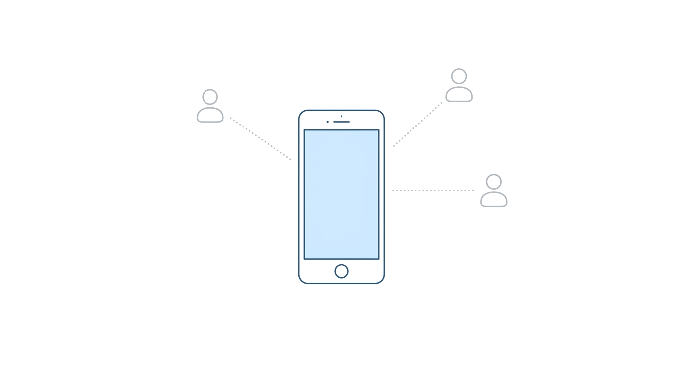 Smartphone with notification badge connected by dotted lines to three waiting team member icons