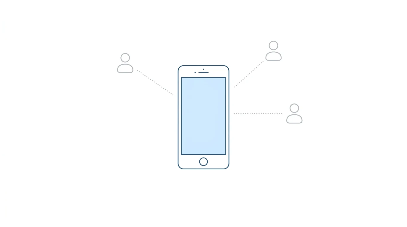 Smartphone with notification badge connected by dotted lines to three waiting team member icons