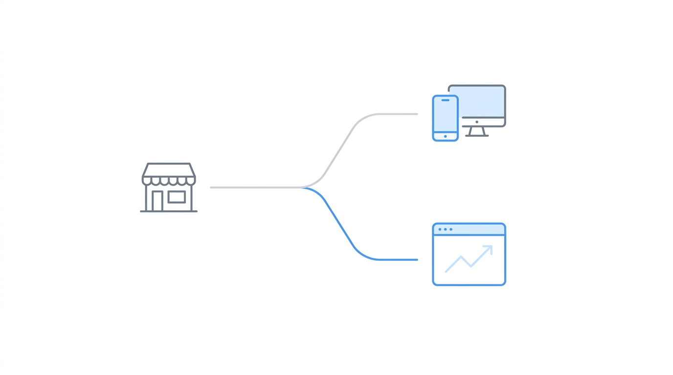 Building icon branching into two paths — simple device workarounds for small firms and automated monitoring for growing practices