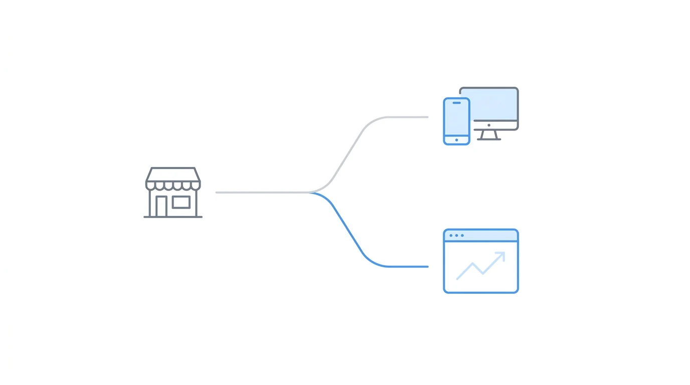 Building icon branching into two paths — simple device workarounds for small firms and automated monitoring for growing practices