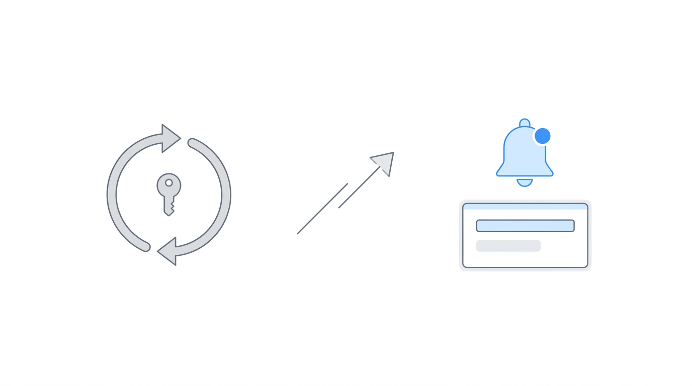 Manual login cycle loop on left transforming into automated notification bell and dashboard on right