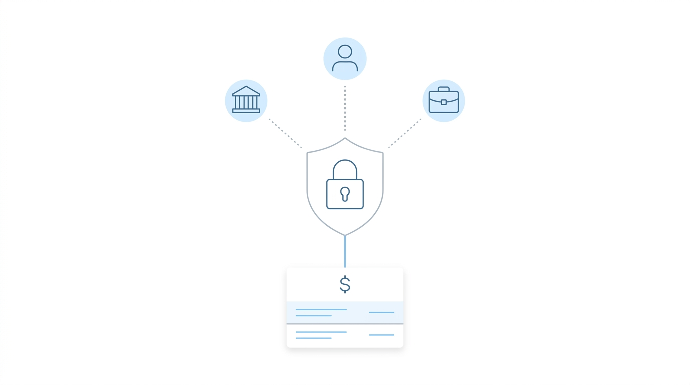 Login.gov security shield protecting connected accounts, with fee payment card below