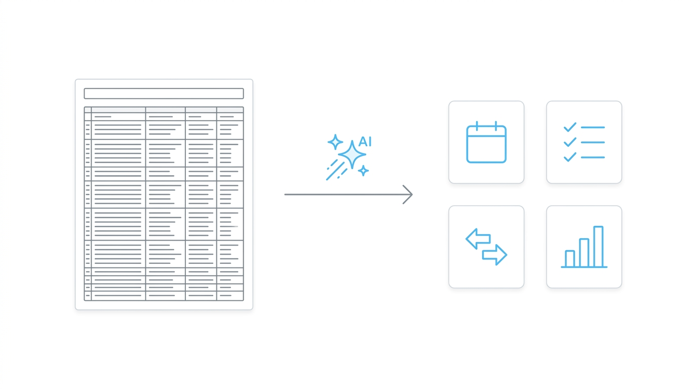 ERE spreadsheet data flowing through AI into four organized output cards