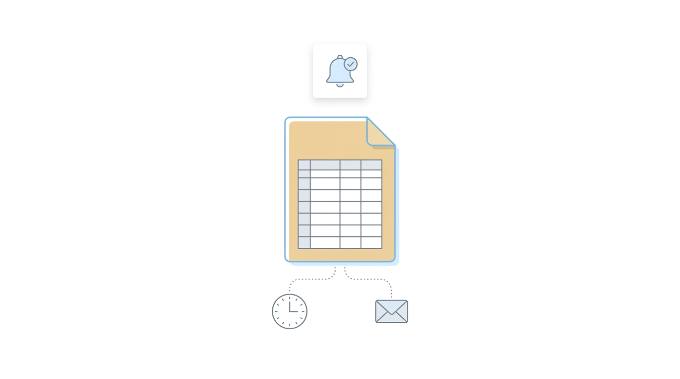 ERE spreadsheet with proactive alert card above and clock/mail failure mode below