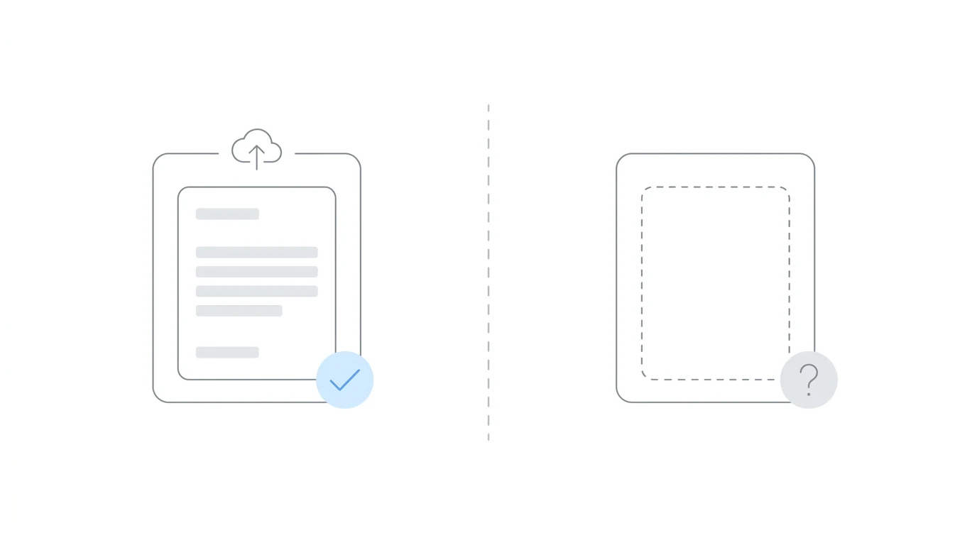 Submitted document with checkmark on left vs empty folder with question mark on right, separated by dashed line
