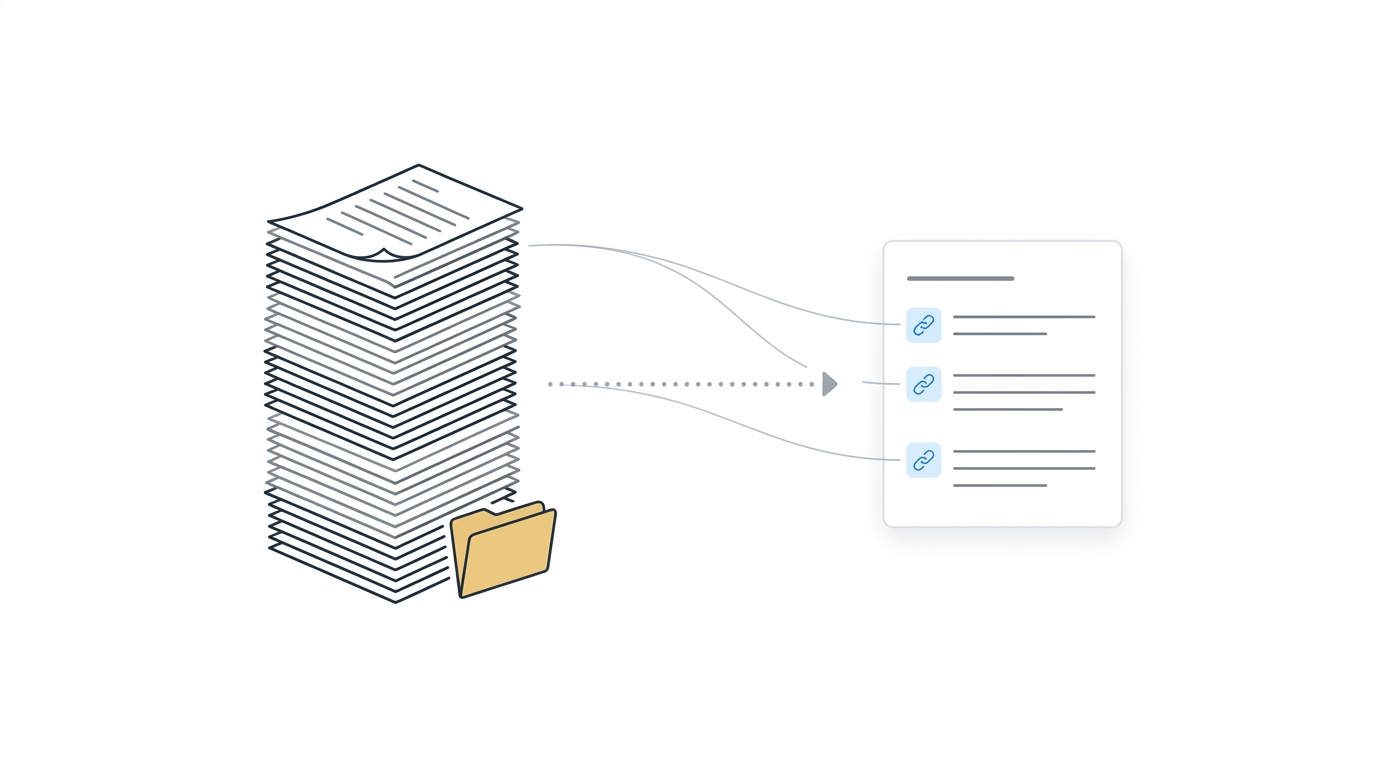 A tall stack of raw medical records distilled into a synthesized RFC summary card with source citation links