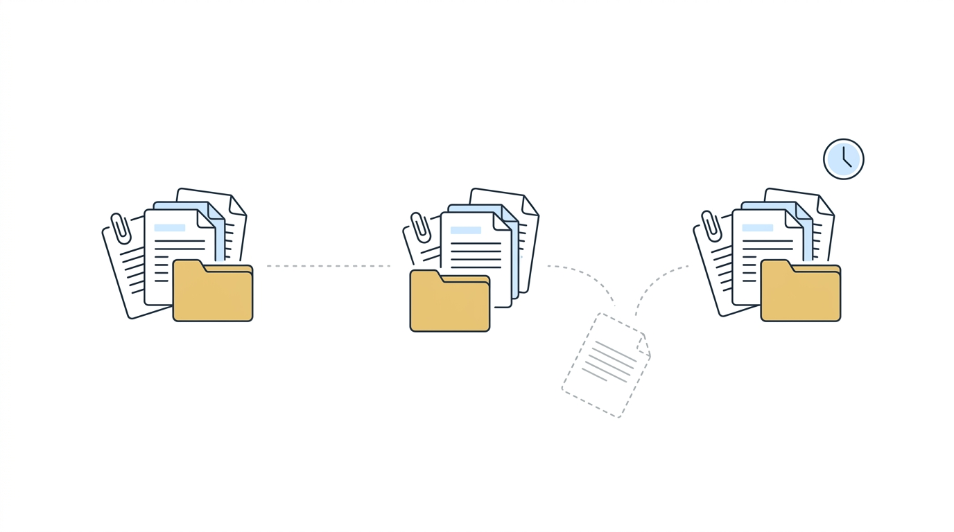 Three disconnected document silos with a late exhibit slipping through the gap, showing how fragmented, fixed-interval ERE checking breaks down