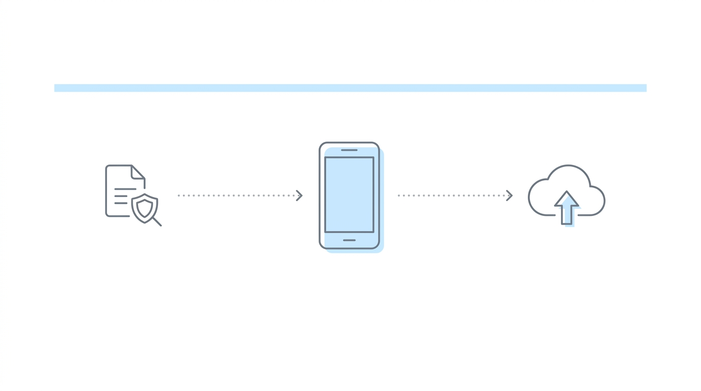 Chronicle and Benny integration workflow: ERE detection icon connects via dotted arrows to mobile phone (client form delivery) then to cloud upload (ERE submission)