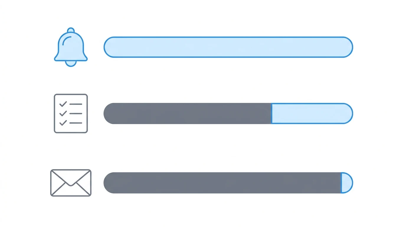 Three detection tiers: bell icon with full blue window (Tier 1 automated), checklist icon with partial blue window (Tier 2 manual), envelope icon with minimal blue window remaining (Tier 3 mail-dependent)