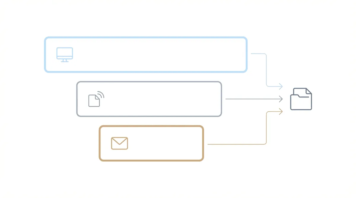 Three communication channels arranged as a visual hierarchy with ERE at top, fax in middle, and certified mail at bottom, showing priority flow toward a central case file