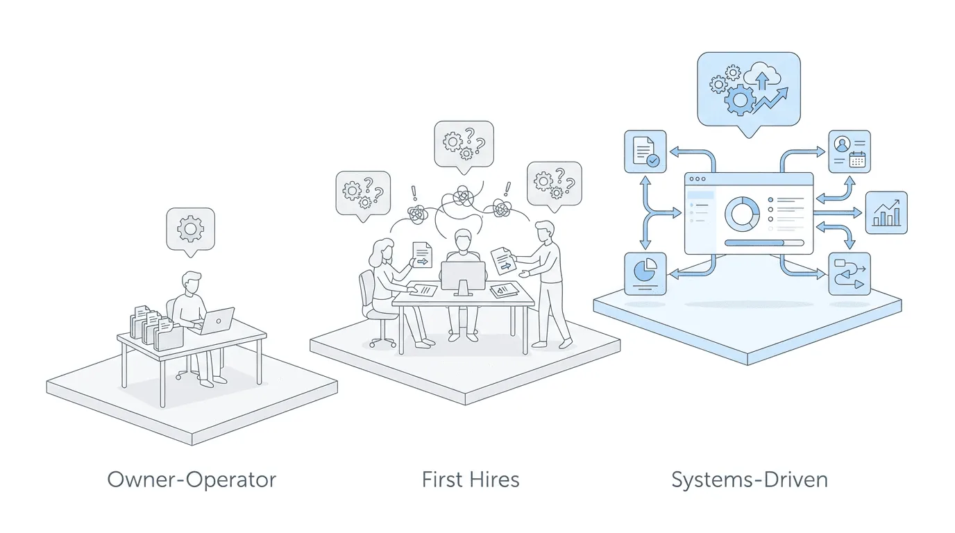 Growth stages diagram showing disability firm scaling from 150 to 600 cases