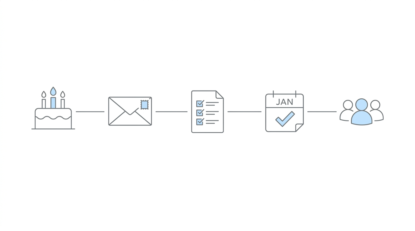 Past client touchpoints: birthday postcard, holiday mailer, newsletter, anniversary check-in, community event