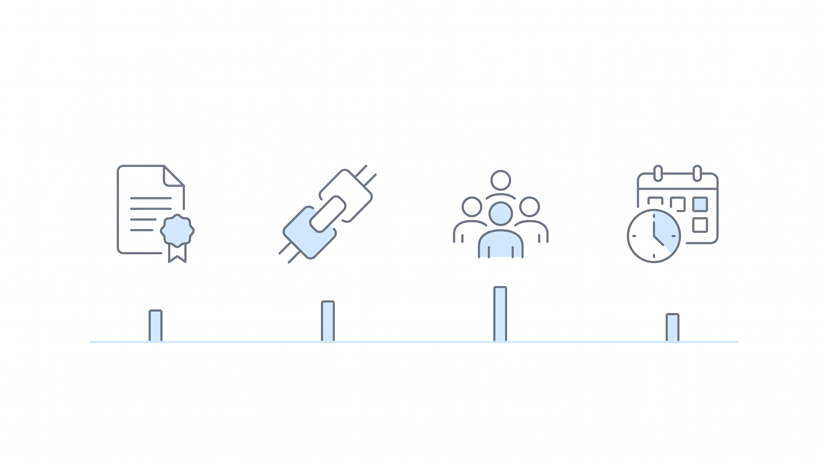 Four evaluation criteria shown as floating icons above weight bars of differing height, indicating each firm weights them differently