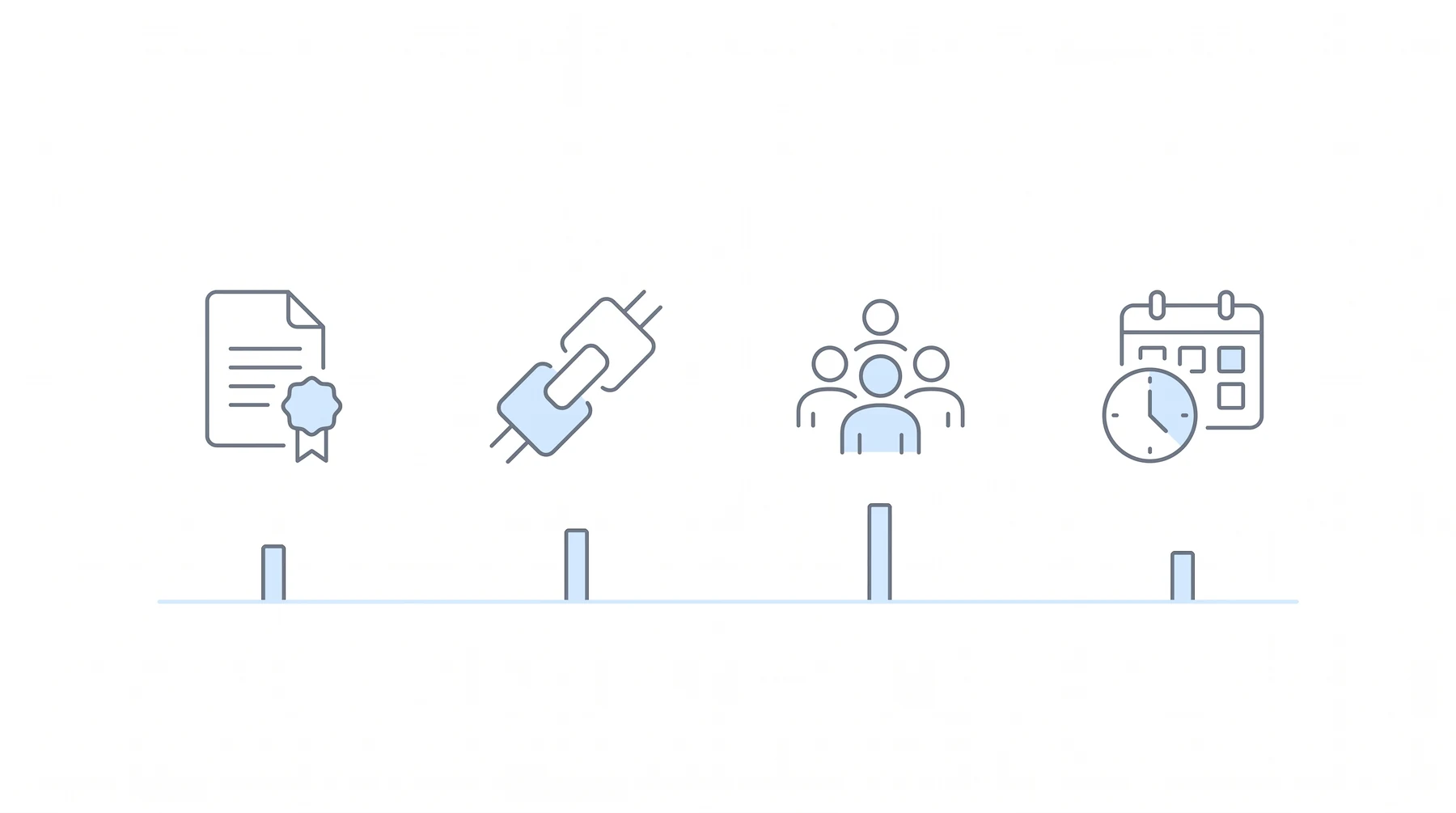 Four evaluation criteria shown as floating icons above weight bars of differing height, indicating each firm weights them differently