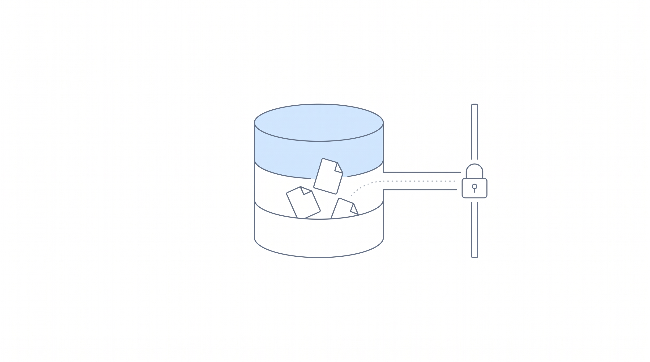 A data container with documents trapped inside and its export path closed off by a padlocked barrier