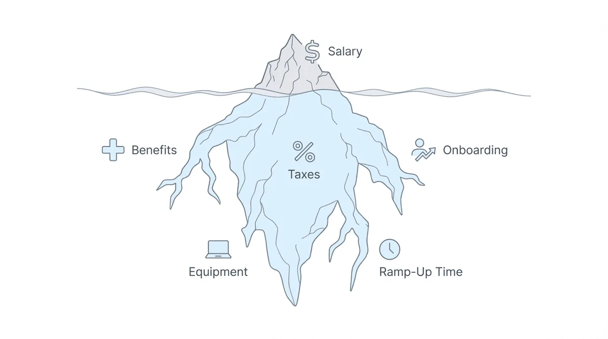 Cost iceberg visualization showing salary as the visible tip above the waterline with hidden costs like benefits, taxes, onboarding, equipment, and ramp-up time below