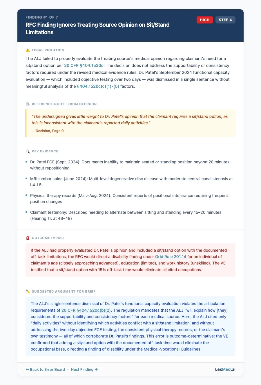 V3 Finding Detail — the legal violation, exact quote from the decision, and impact on the claimant's case