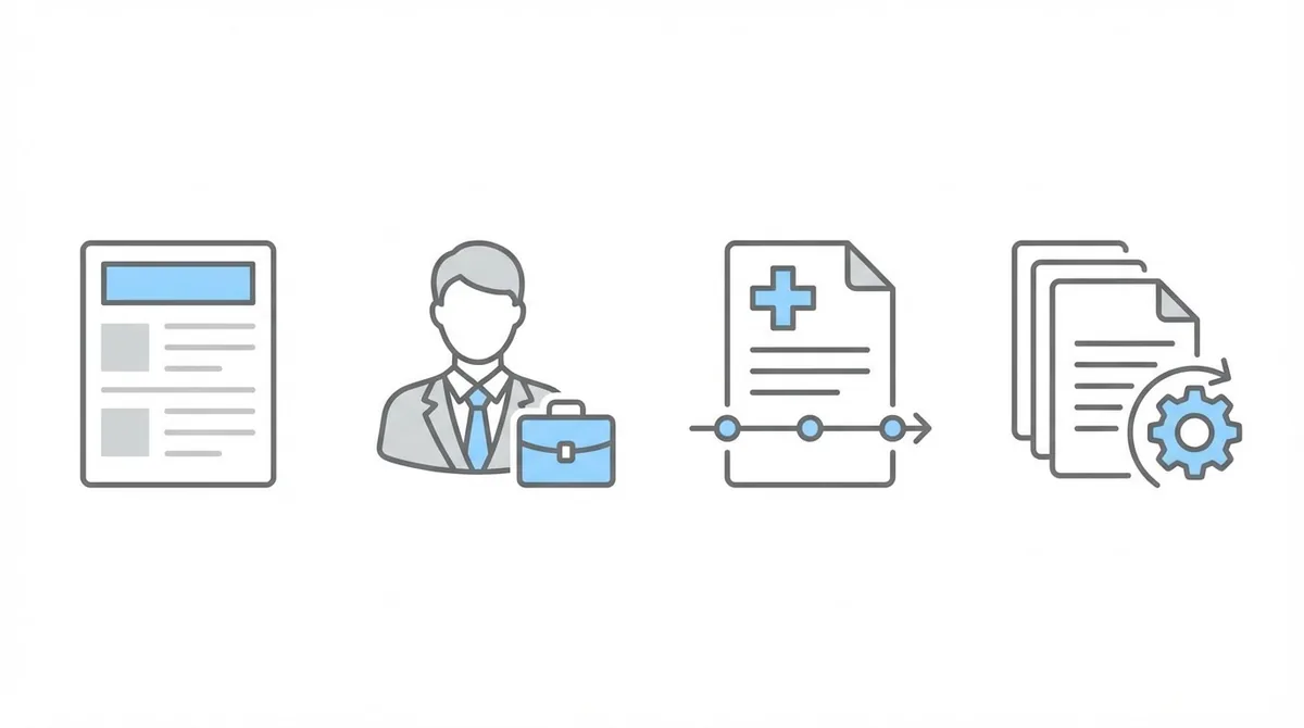 Four efficiency strategy icons: template, paralegal support, medical chronology, batch processing