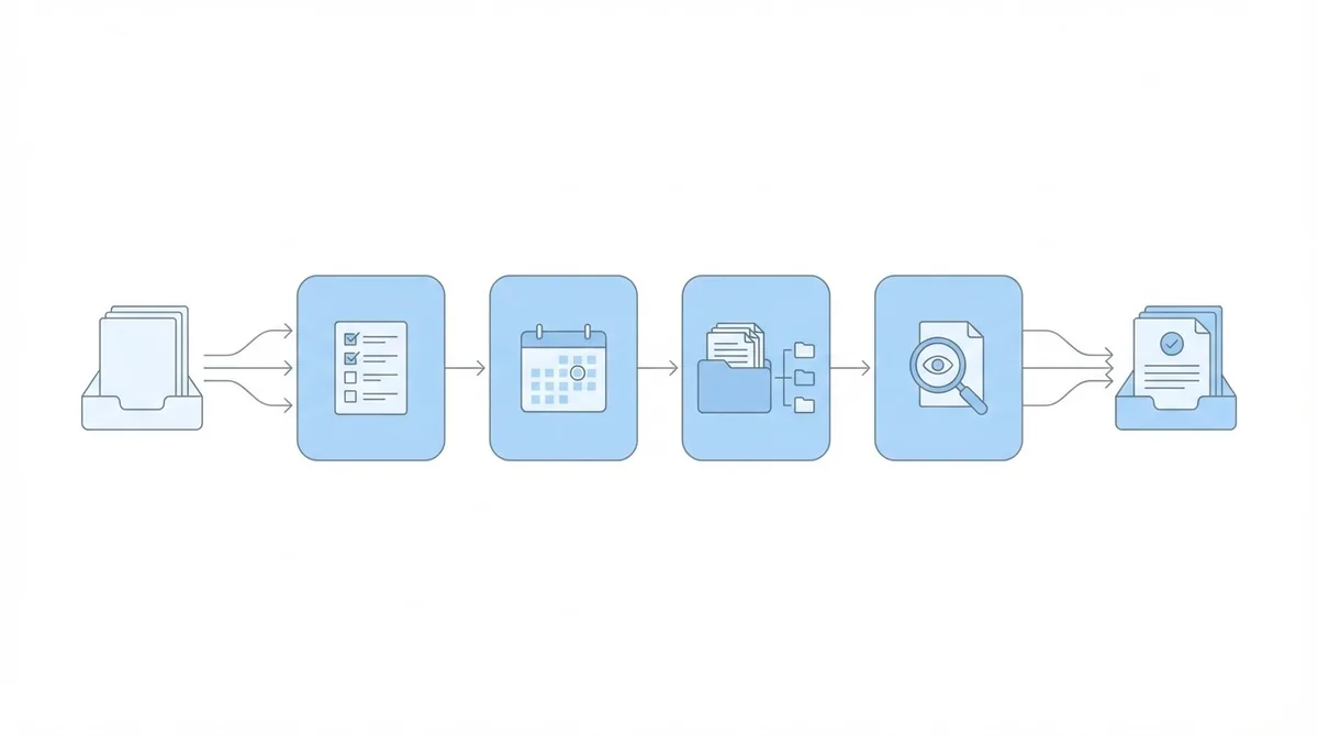 Workflow diagram: document input flowing through checklist, calendar, file management, review, to completed output