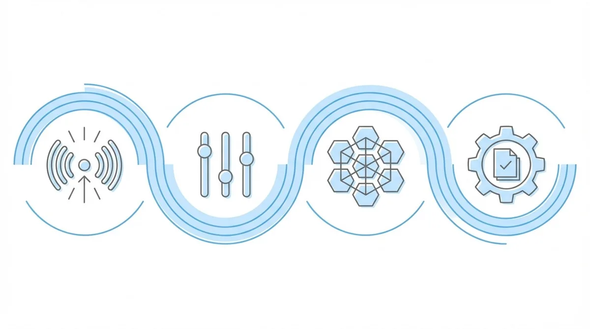 Technology tools: monitoring, automation controls, integration, and document management connected by flowing wave